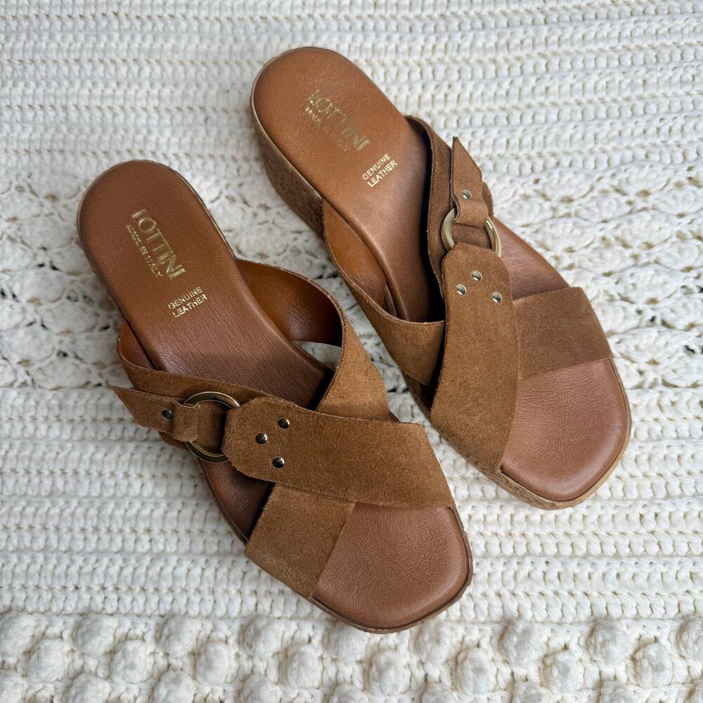 NEW LOTTINI ITALY Womens 39 US 9 Cross Band Buckle Cork Wedge Slide Sandal Brown - Picture 14 of 16